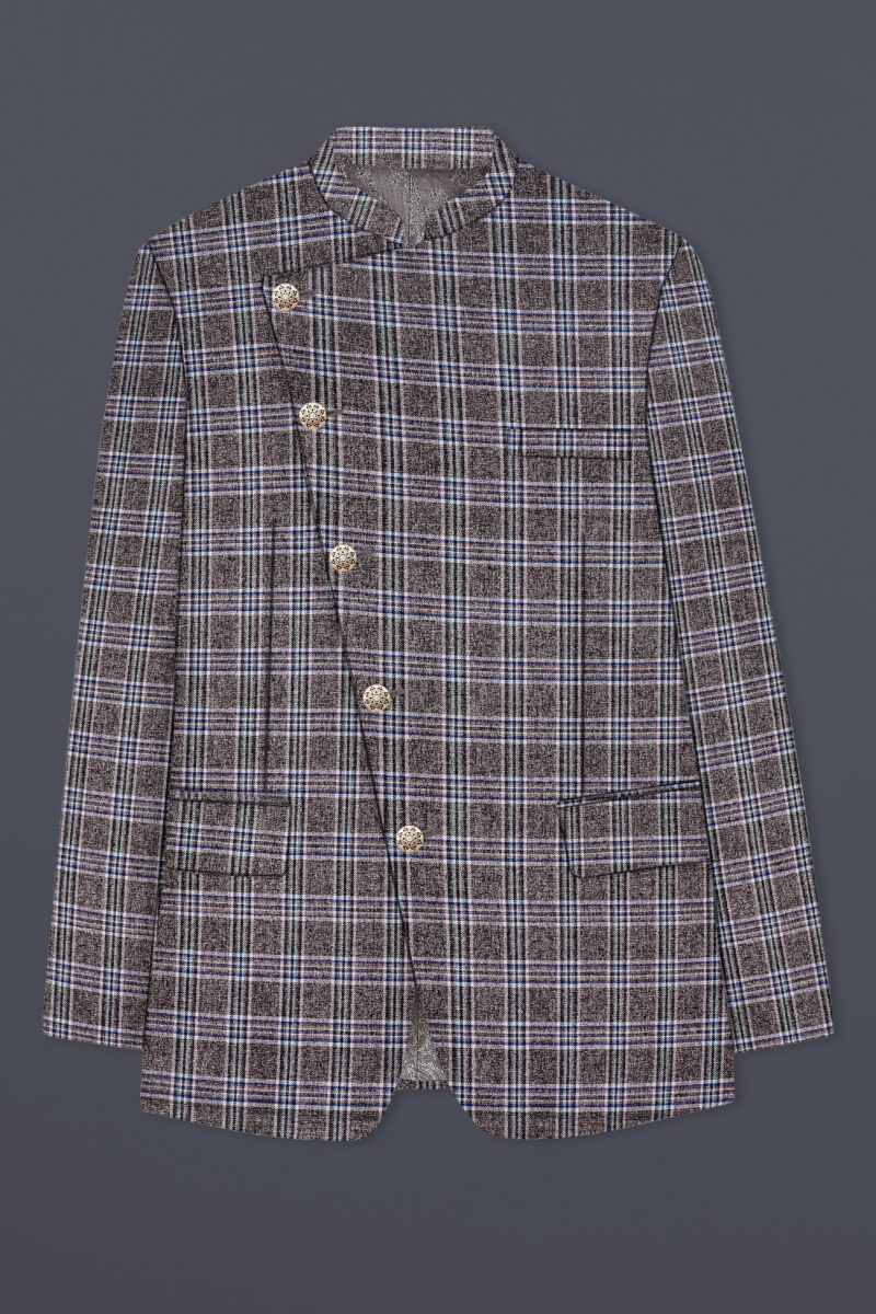Ironside Grey Plaid Wool Blend Cross Placket Bandhgala Suit - Image 8