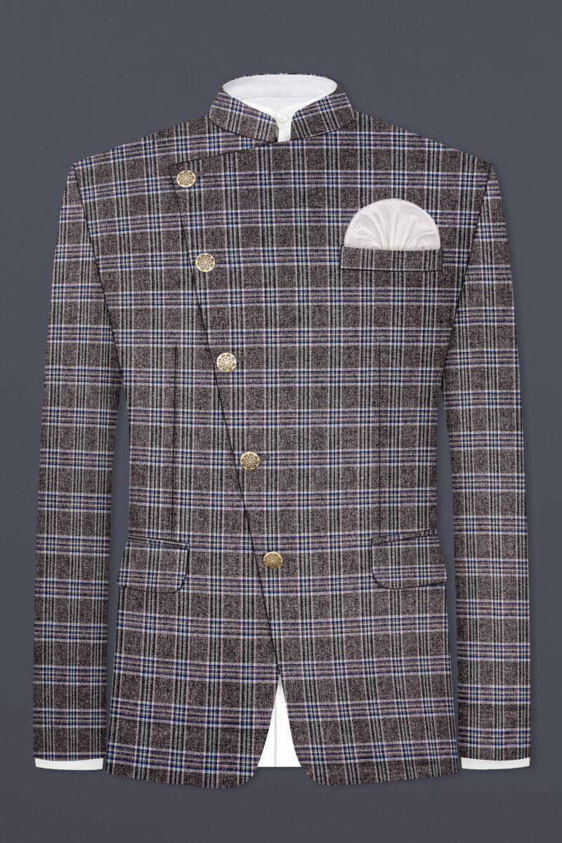 Ironside Grey Plaid Wool Blend Cross Placket Bandhgala Suit - Image 10