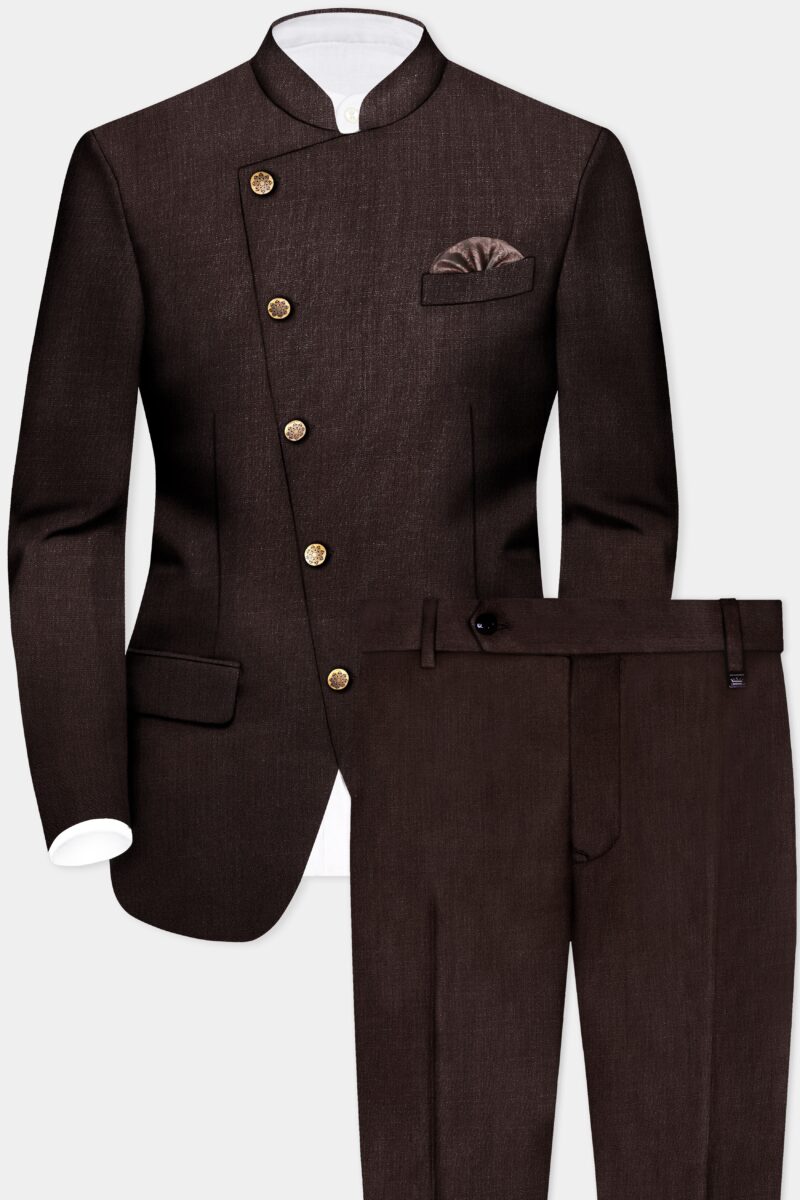 Espresso-Hickory Brown Solid Wool Rich Cross Placket Bandhgala Suit - Image 2