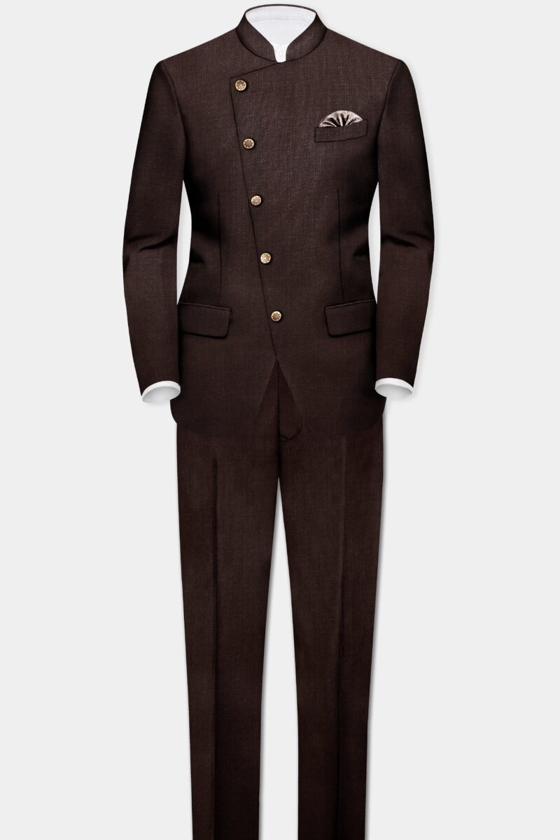 Espresso-Hickory Brown Solid Wool Rich Cross Placket Bandhgala Suit - Image 4