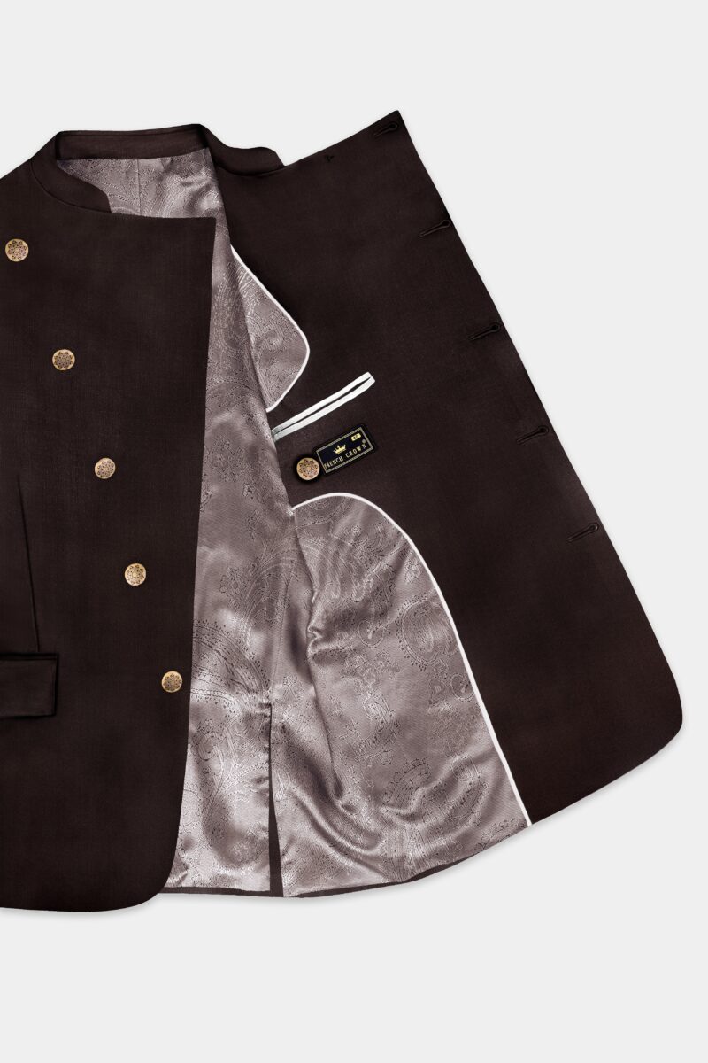 Espresso-Hickory Brown Solid Wool Rich Cross Placket Bandhgala Suit - Image 5