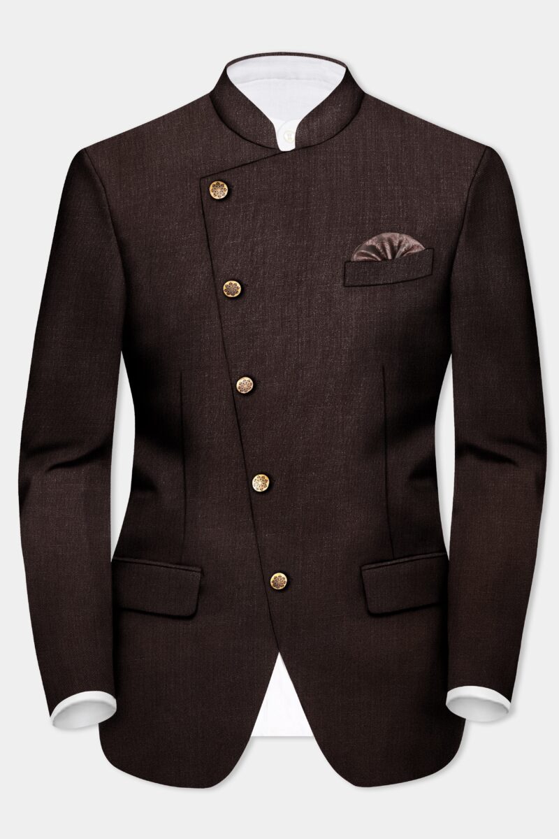 Espresso-Hickory Brown Solid Wool Rich Cross Placket Bandhgala Suit - Image 8