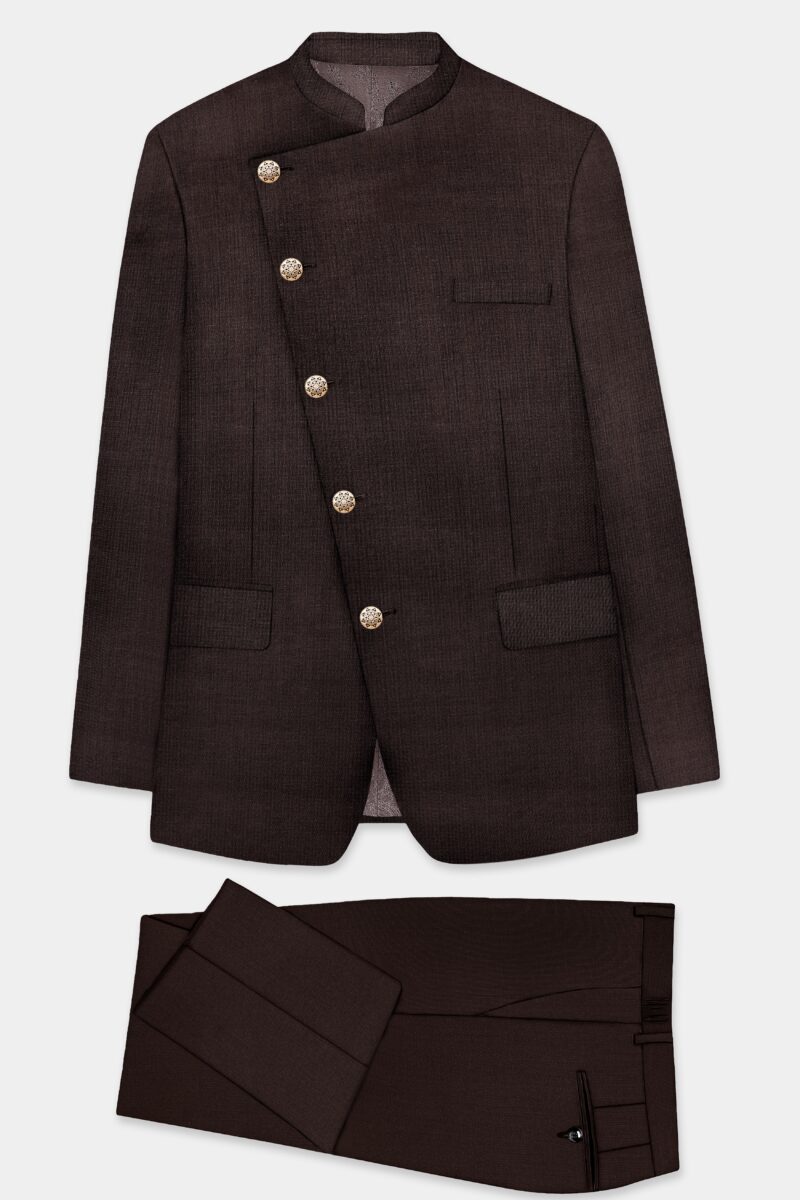 Espresso-Hickory Brown Solid Wool Rich Cross Placket Bandhgala Suit - Image 9