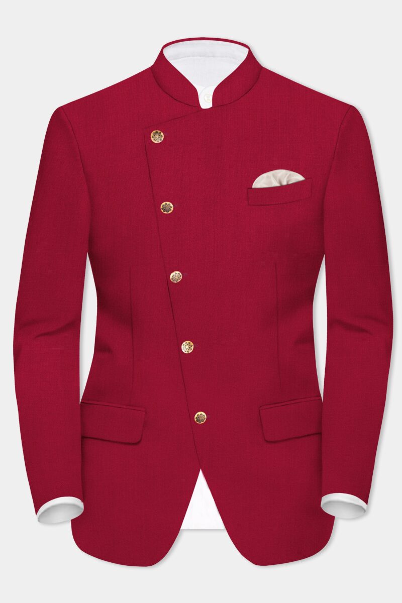 Vermilion-Chili Red Solid Wool Rich Cross Placket Bandhgala Suit - Image 10