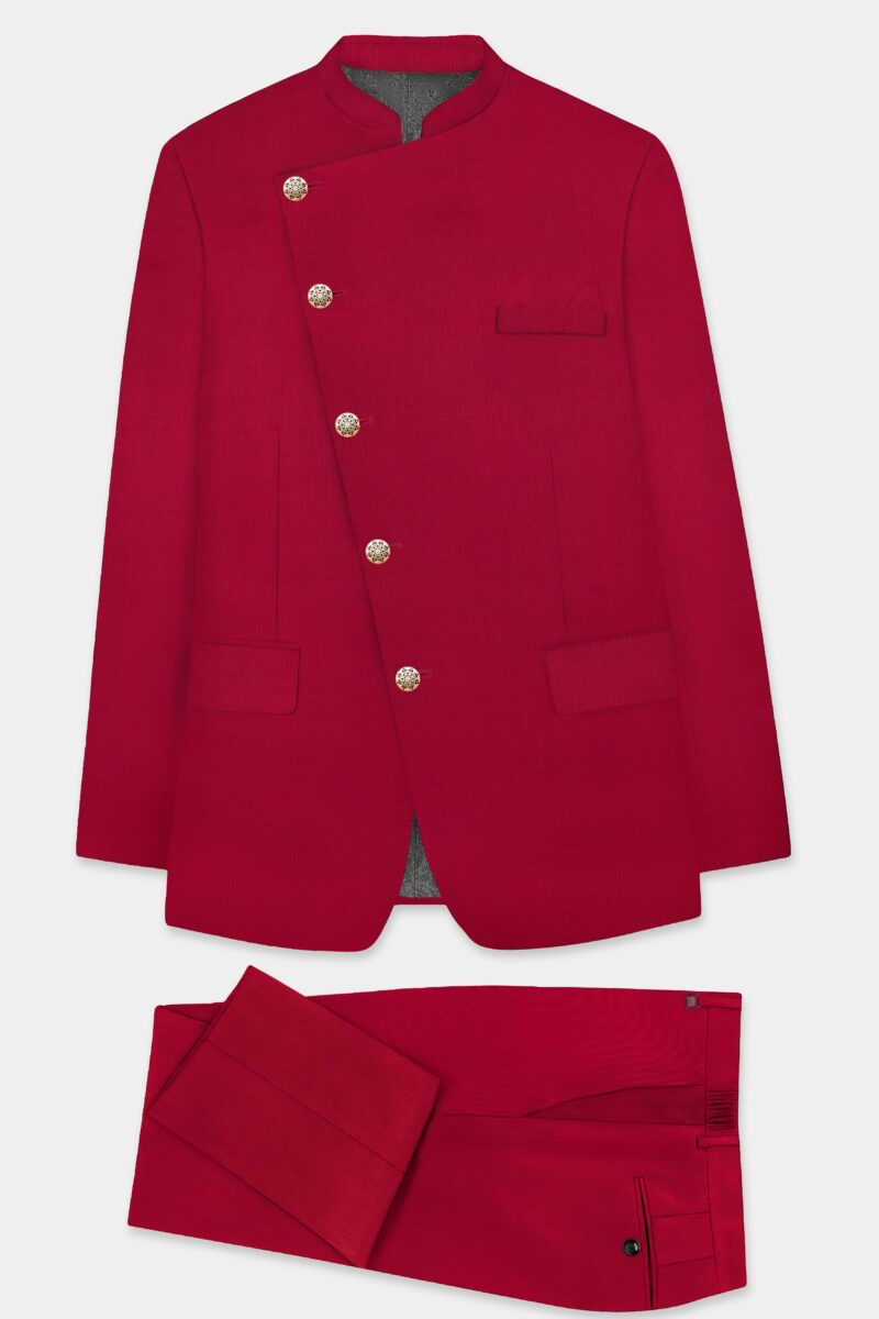 Vermilion-Chili Red Solid Wool Rich Cross Placket Bandhgala Suit - Image 11