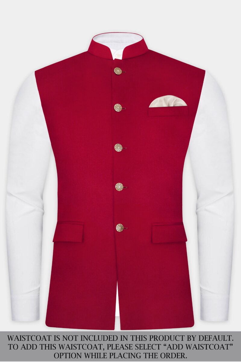 Vermilion-Chili Red Solid Wool Rich Cross Placket Bandhgala Suit - Image 16