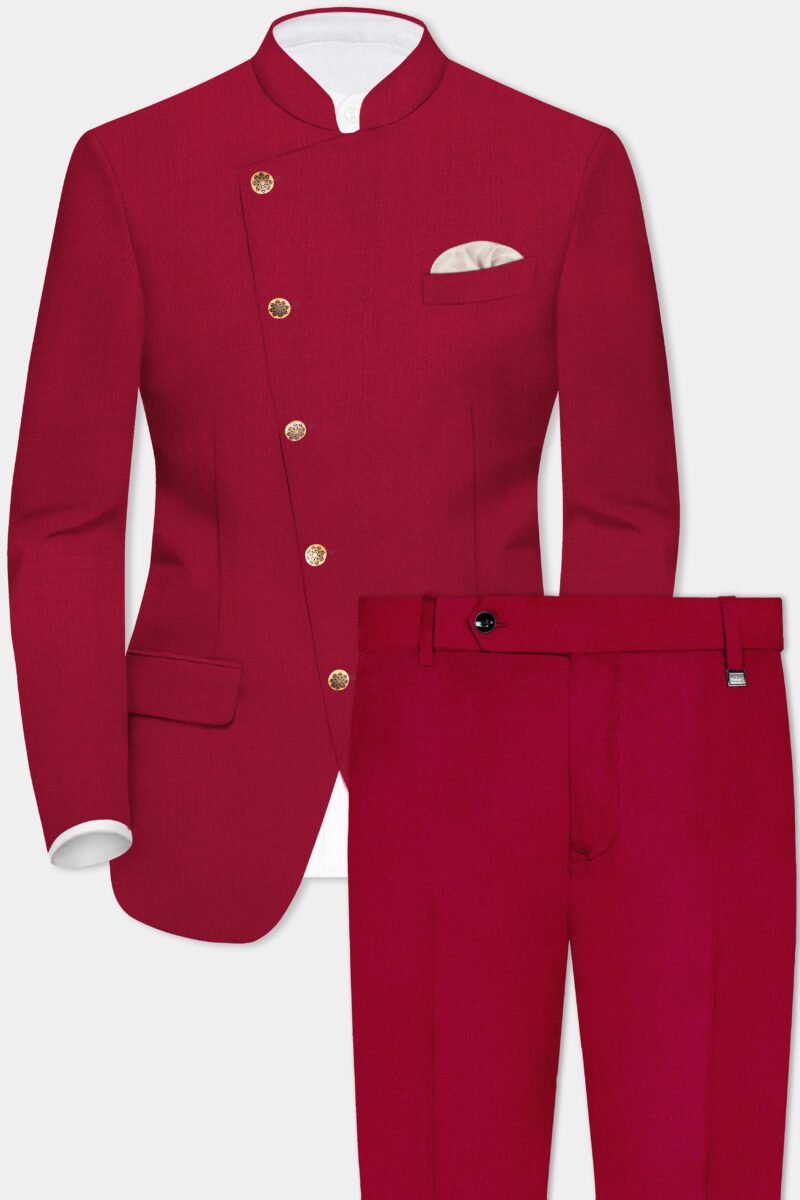 Vermilion-Chili Red Solid Wool Rich Cross Placket Bandhgala Suit - Image 2