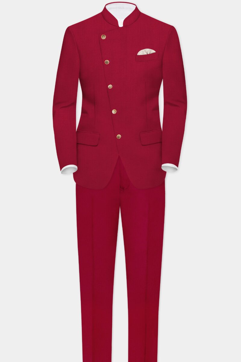 Vermilion-Chili Red Solid Wool Rich Cross Placket Bandhgala Suit - Image 4