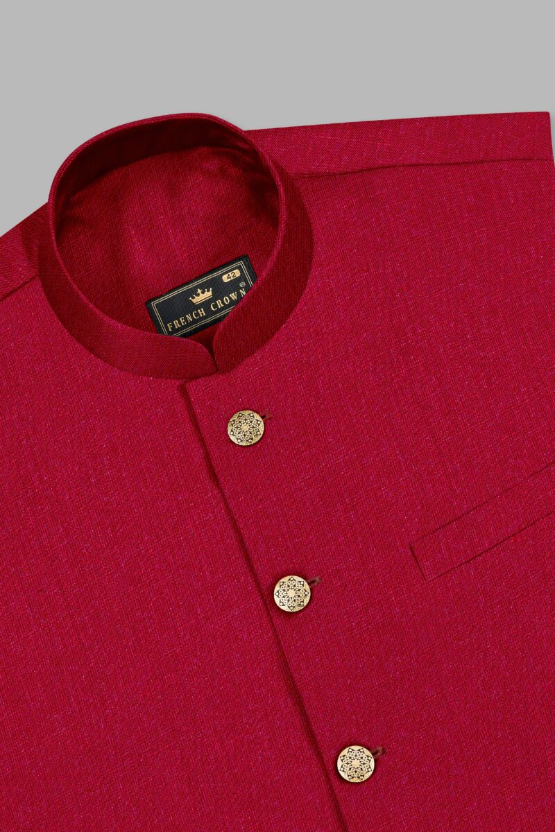 Vermilion-Chili Red Solid Wool Rich Cross Placket Bandhgala Suit - Image 6