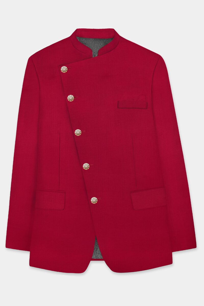 Vermilion-Chili Red Solid Wool Rich Cross Placket Bandhgala Suit - Image 8