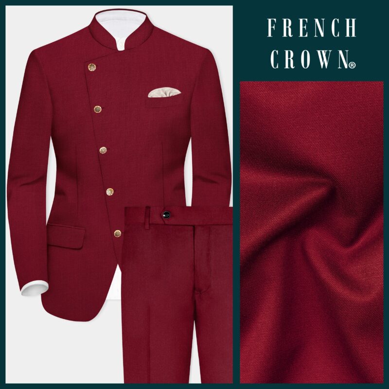 CrimsonAce-Cherry Red Solid Wool Rich Cross Placket Bandhgala Suit