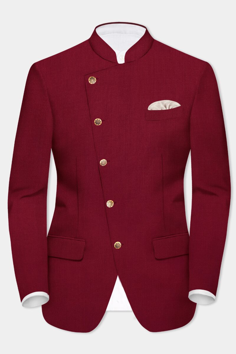 CrimsonAce-Cherry Red Solid Wool Rich Cross Placket Bandhgala Suit - Image 9