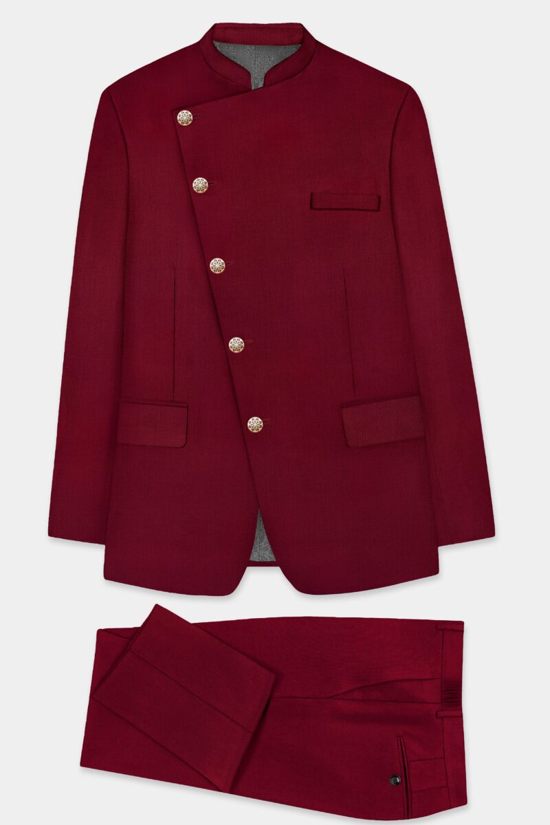 CrimsonAce-Cherry Red Solid Wool Rich Cross Placket Bandhgala Suit - Image 10