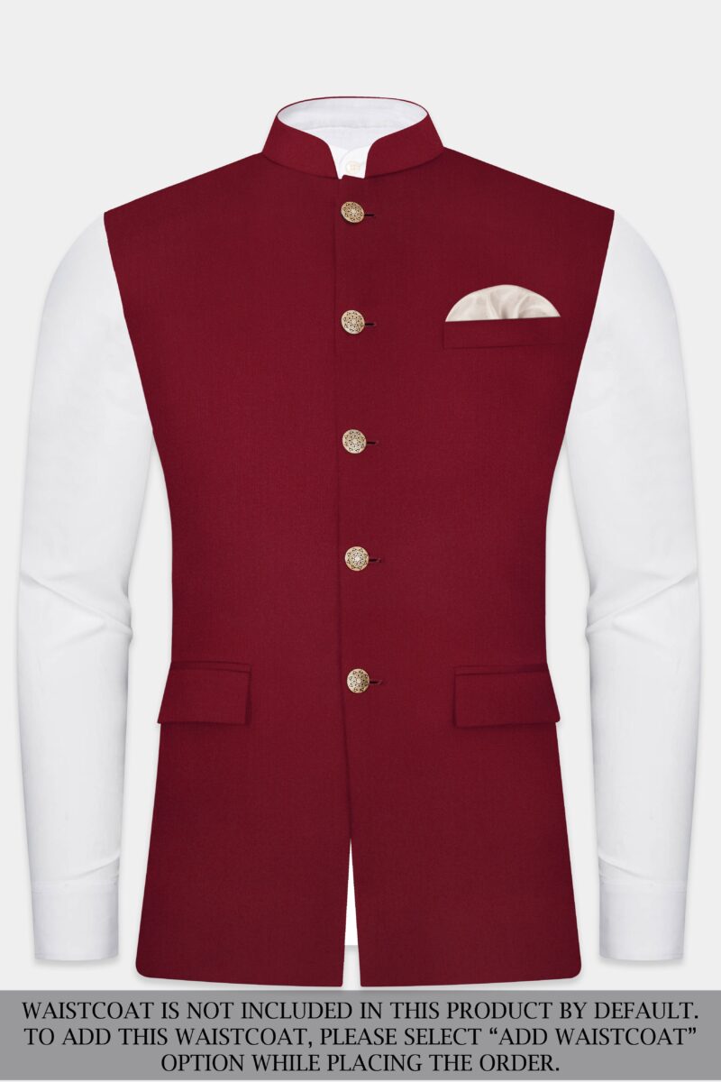 CrimsonAce-Cherry Red Solid Wool Rich Cross Placket Bandhgala Suit - Image 15