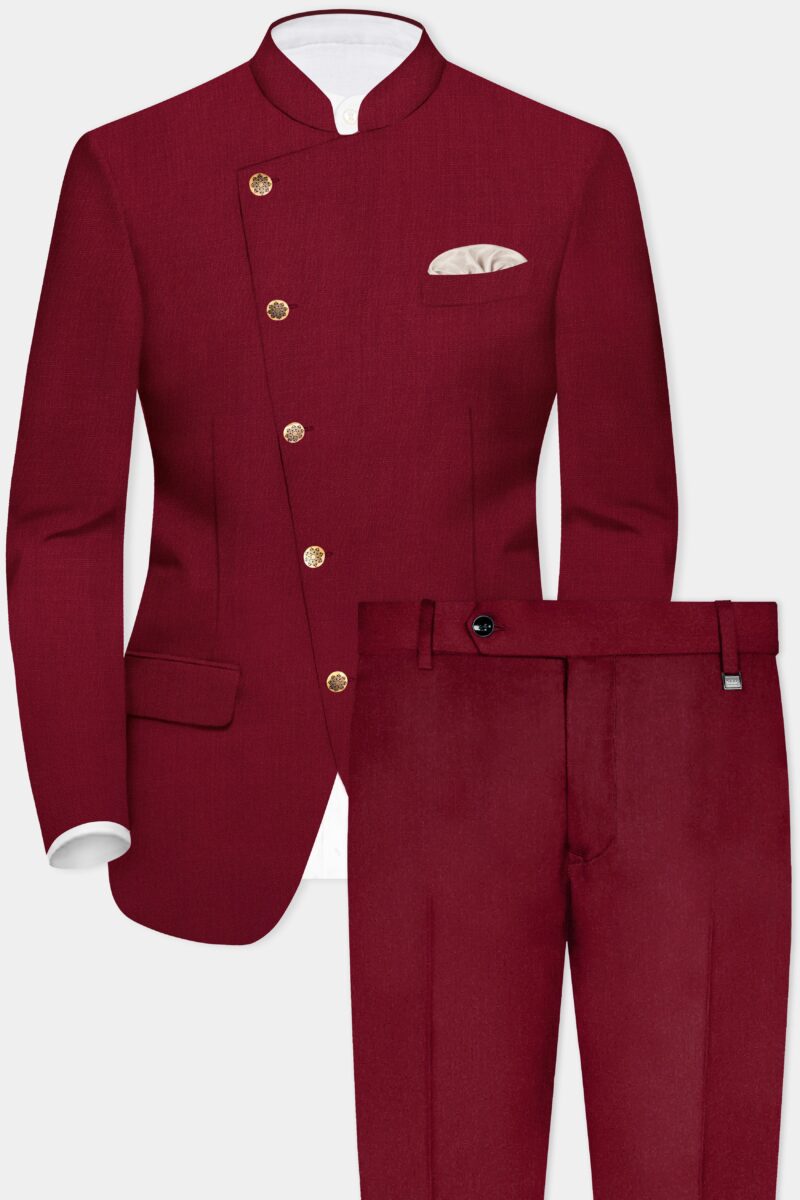 CrimsonAce-Cherry Red Solid Wool Rich Cross Placket Bandhgala Suit - Image 2