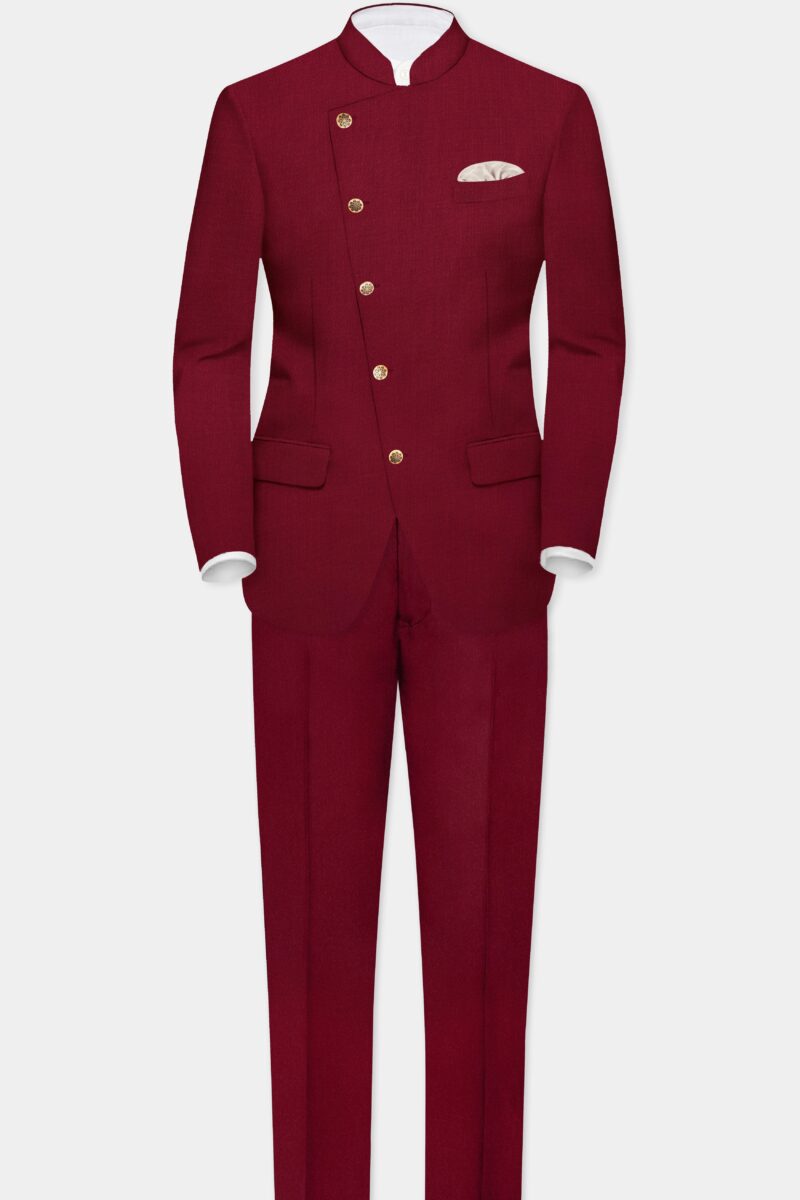 CrimsonAce-Cherry Red Solid Wool Rich Cross Placket Bandhgala Suit - Image 4