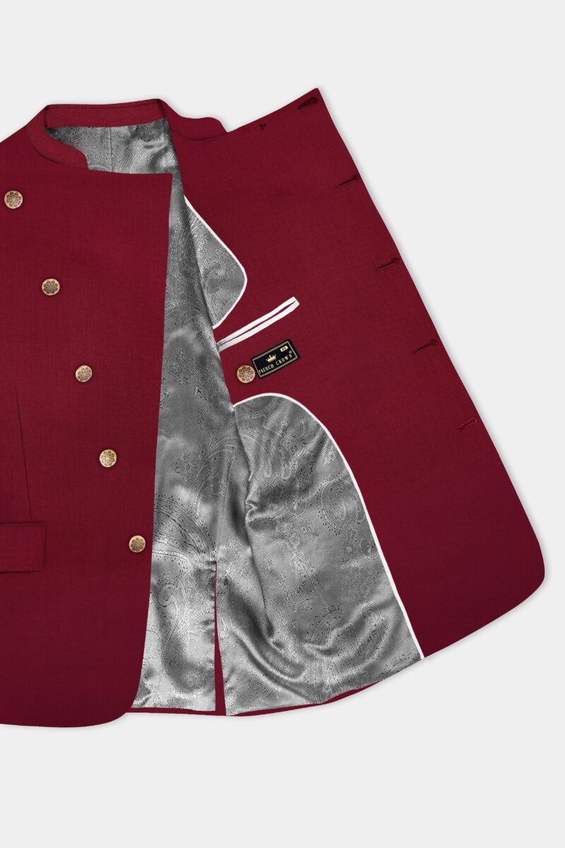 CrimsonAce-Cherry Red Solid Wool Rich Cross Placket Bandhgala Suit - Image 5