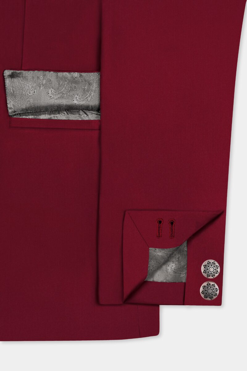 CrimsonAce-Cherry Red Solid Wool Rich Cross Placket Bandhgala Suit - Image 6