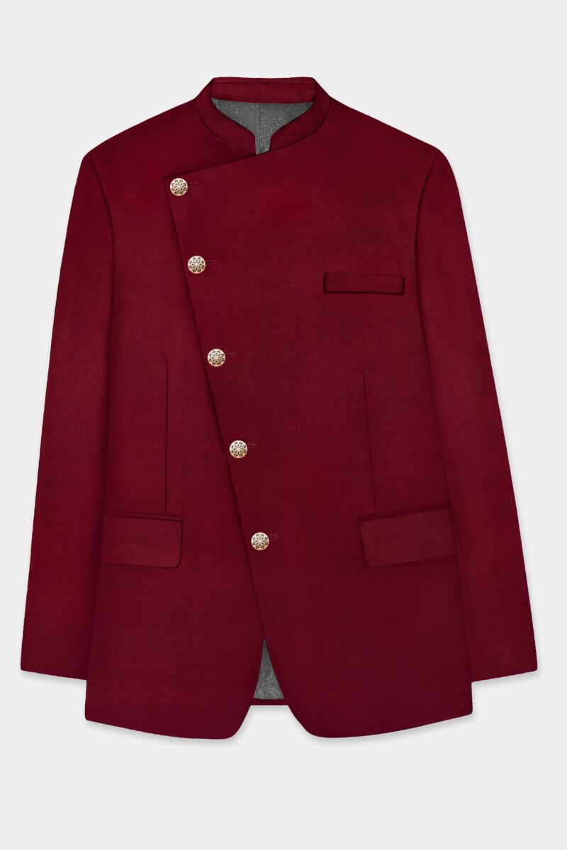 CrimsonAce-Cherry Red Solid Wool Rich Cross Placket Bandhgala Suit - Image 7