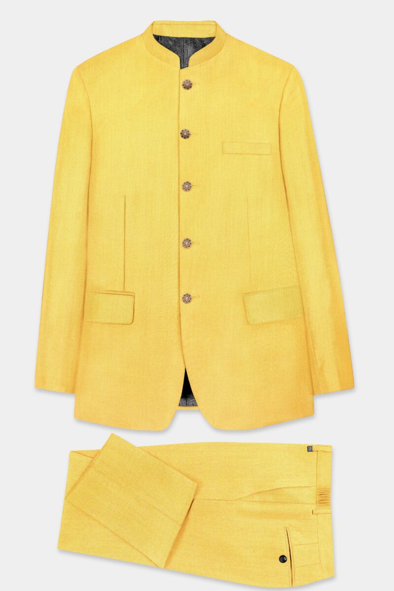 Saffron Elegance-Lemon Yellow Solid Wool Rich Bandhgala Stretchable traveler Suit - Image 10