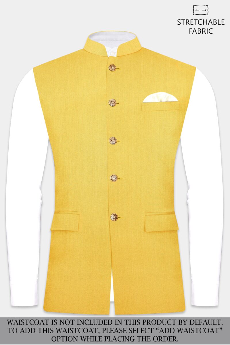 Saffron Elegance-Lemon Yellow Solid Wool Rich Bandhgala Stretchable traveler Suit - Image 15