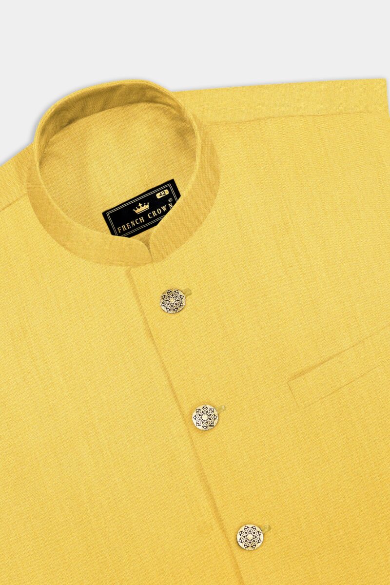 Saffron Elegance-Lemon Yellow Solid Wool Rich Bandhgala Stretchable traveler Suit - Image 17