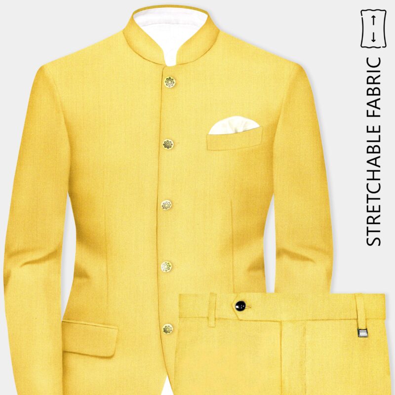 Saffron Elegance-Lemon Yellow Solid Wool Rich Bandhgala Stretchable traveler Suit