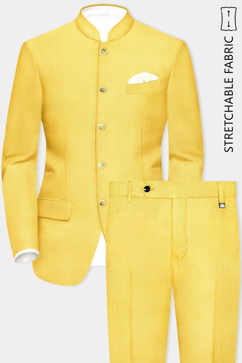 Saffron Elegance-Lemon Yellow Solid Wool Rich Bandhgala Stretchable traveler Suit - Image 2