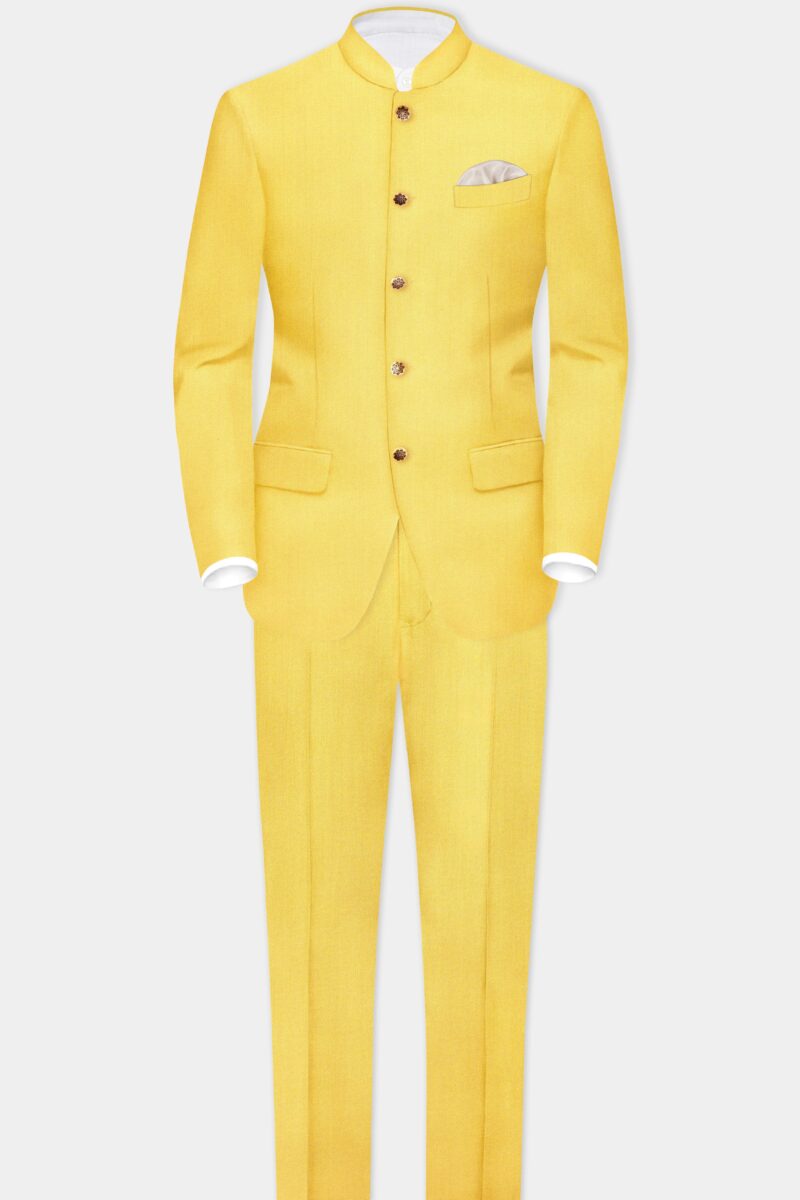Saffron Elegance-Lemon Yellow Solid Wool Rich Bandhgala Stretchable traveler Suit - Image 4