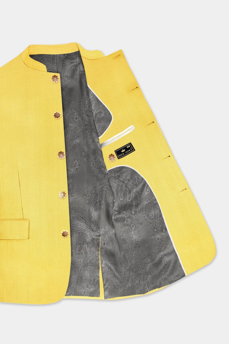 Saffron Elegance-Lemon Yellow Solid Wool Rich Bandhgala Stretchable traveler Suit - Image 5