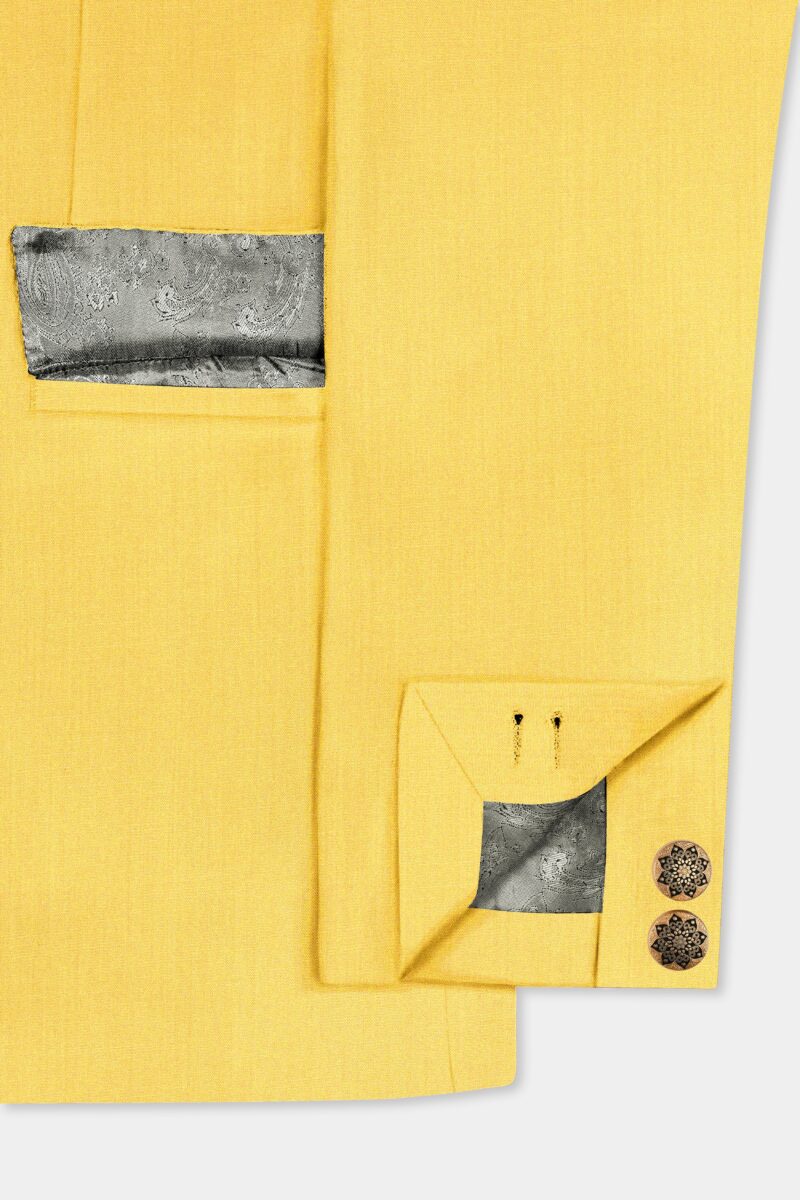 Saffron Elegance-Lemon Yellow Solid Wool Rich Bandhgala Stretchable traveler Suit - Image 6