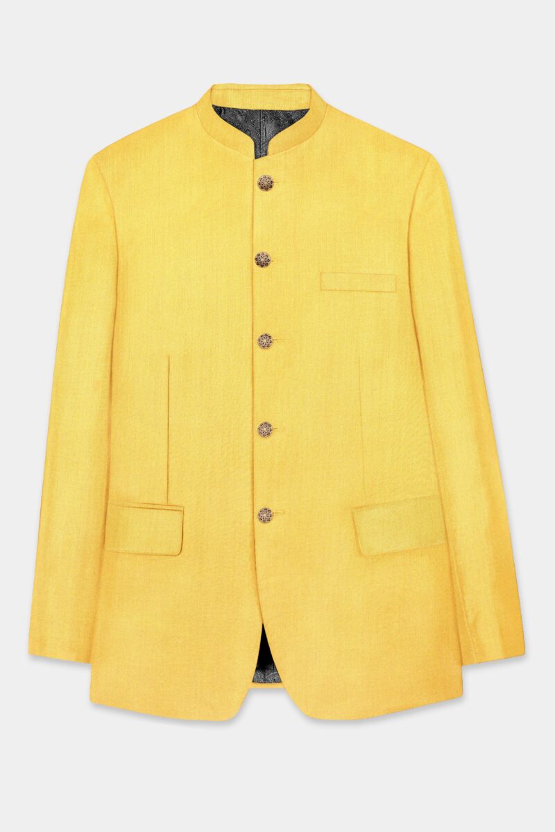 Saffron Elegance-Lemon Yellow Solid Wool Rich Bandhgala Stretchable traveler Suit - Image 7