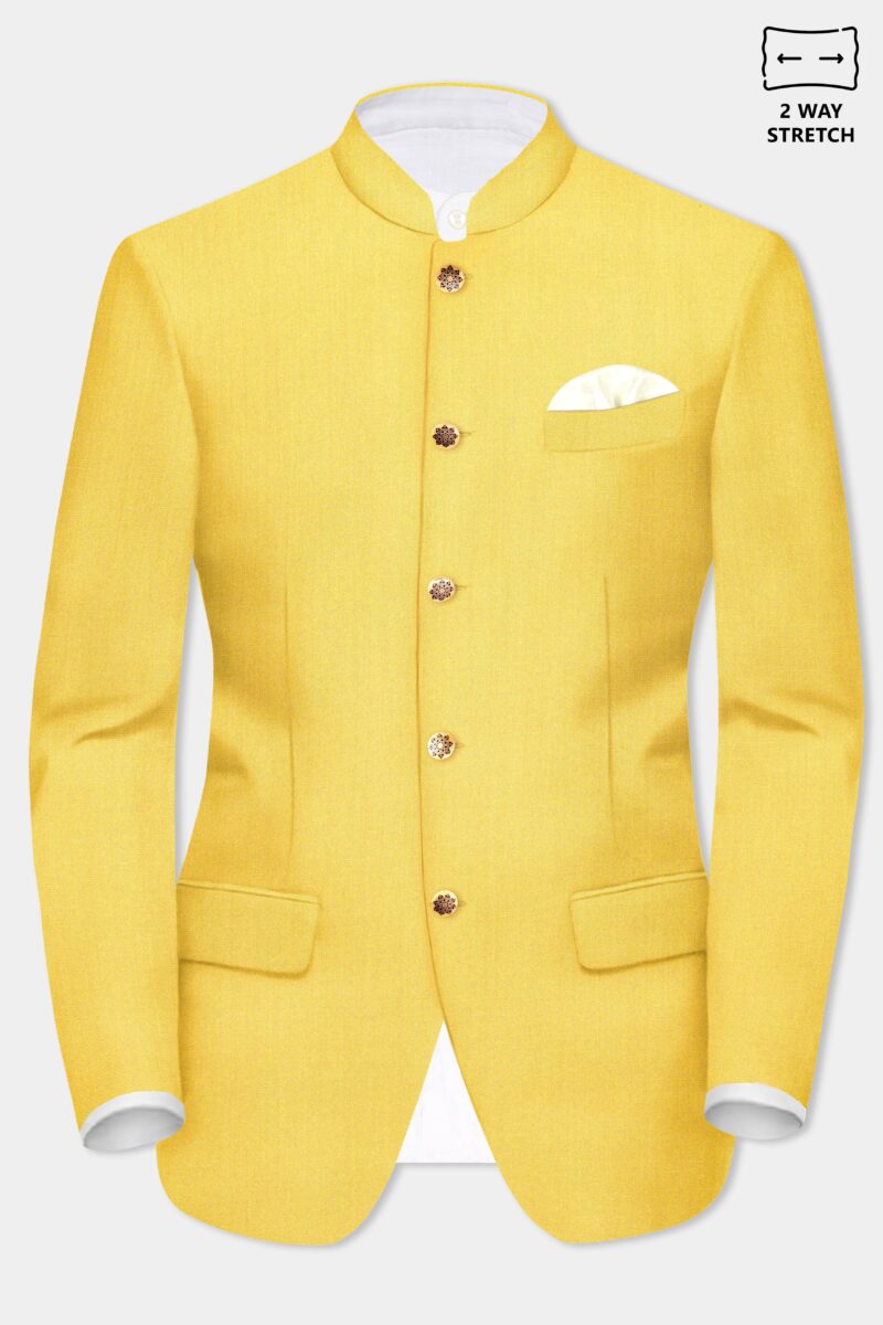 Saffron Elegance-Lemon Yellow Solid Wool Rich Bandhgala Stretchable traveler Suit - Image 9